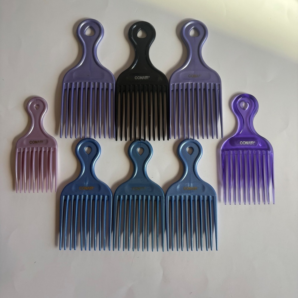 VTG Conair Hair Pick Set 8PC Lot Blue Glitter Purple Black Pro Styling Lift Comb